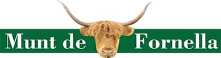 Brown Highland cattle head with long horns above green banner reading Munt de Fornella